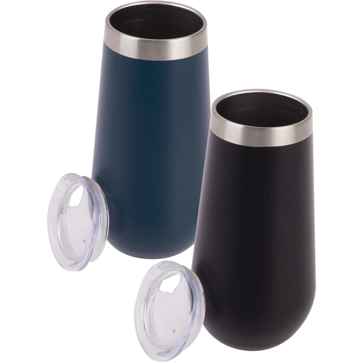 A drink bottle set featuring two vacuum champagne flutes in navy blue and black with metal accents and clear lids.