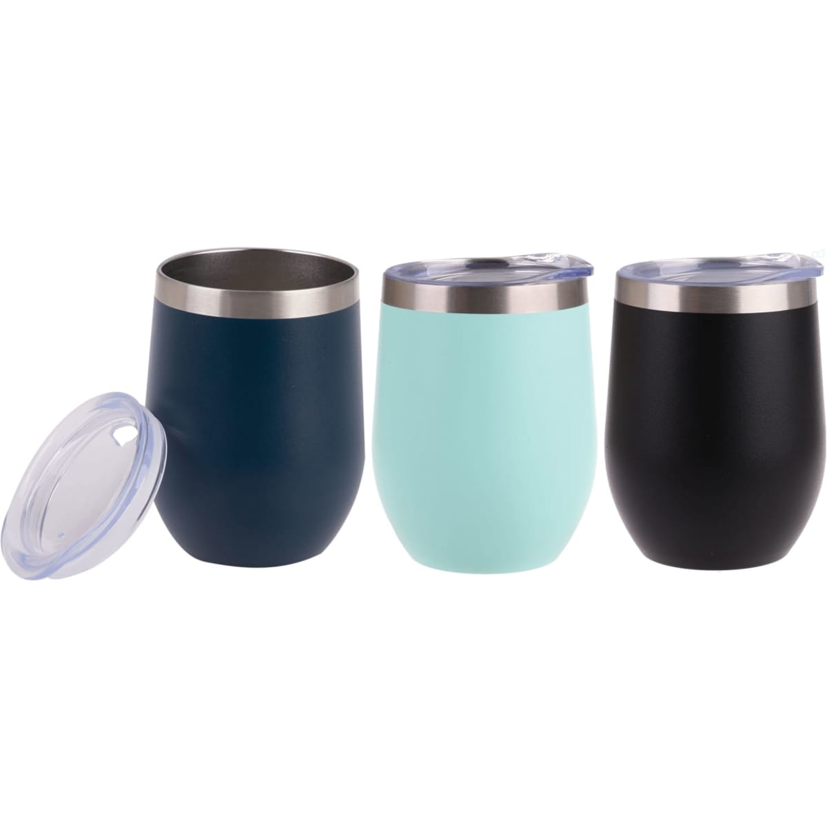 A drink bottle set featuring three vacuum wine tumblers in navy, mint green, and black with stainless steel lids.