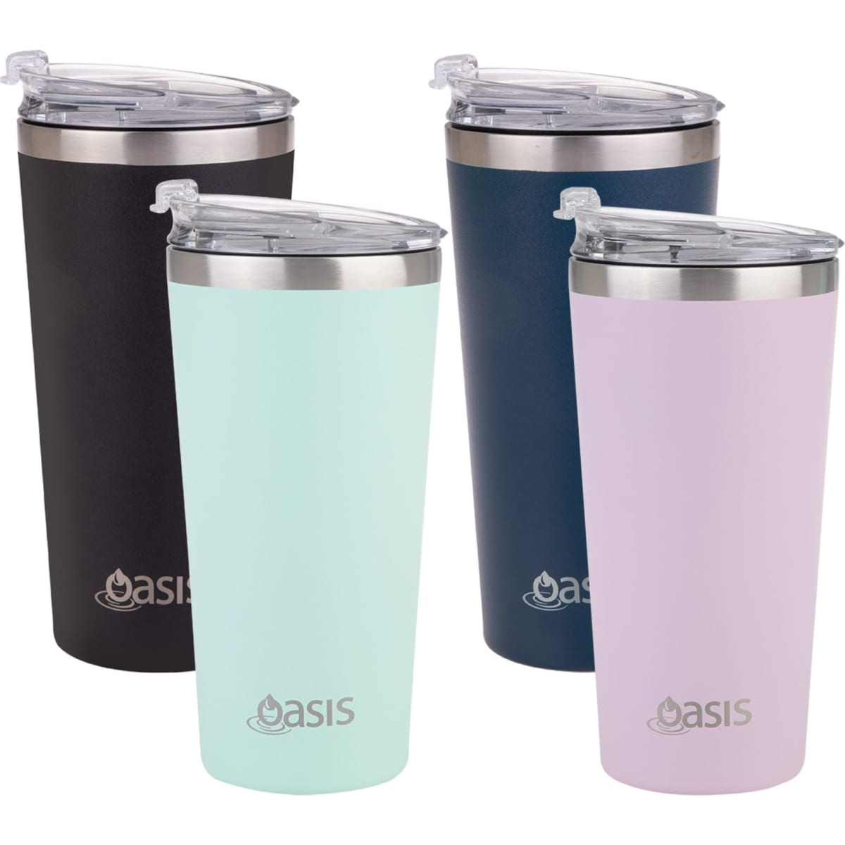 A drink bottle set featuring the Oasis 480ml Vacuum Travel Mug in black, mint, navy, and pink colours. Each has a lid and logo.