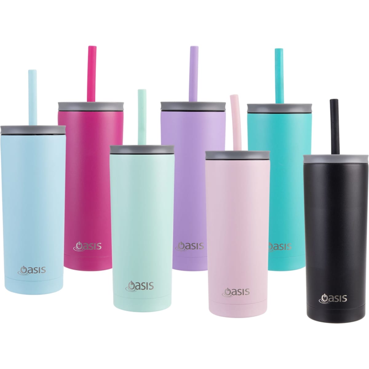 A drink bottle collection featuring eight vacuum tumblers in various pastel colours including blue, pink, green, and black, with straws.