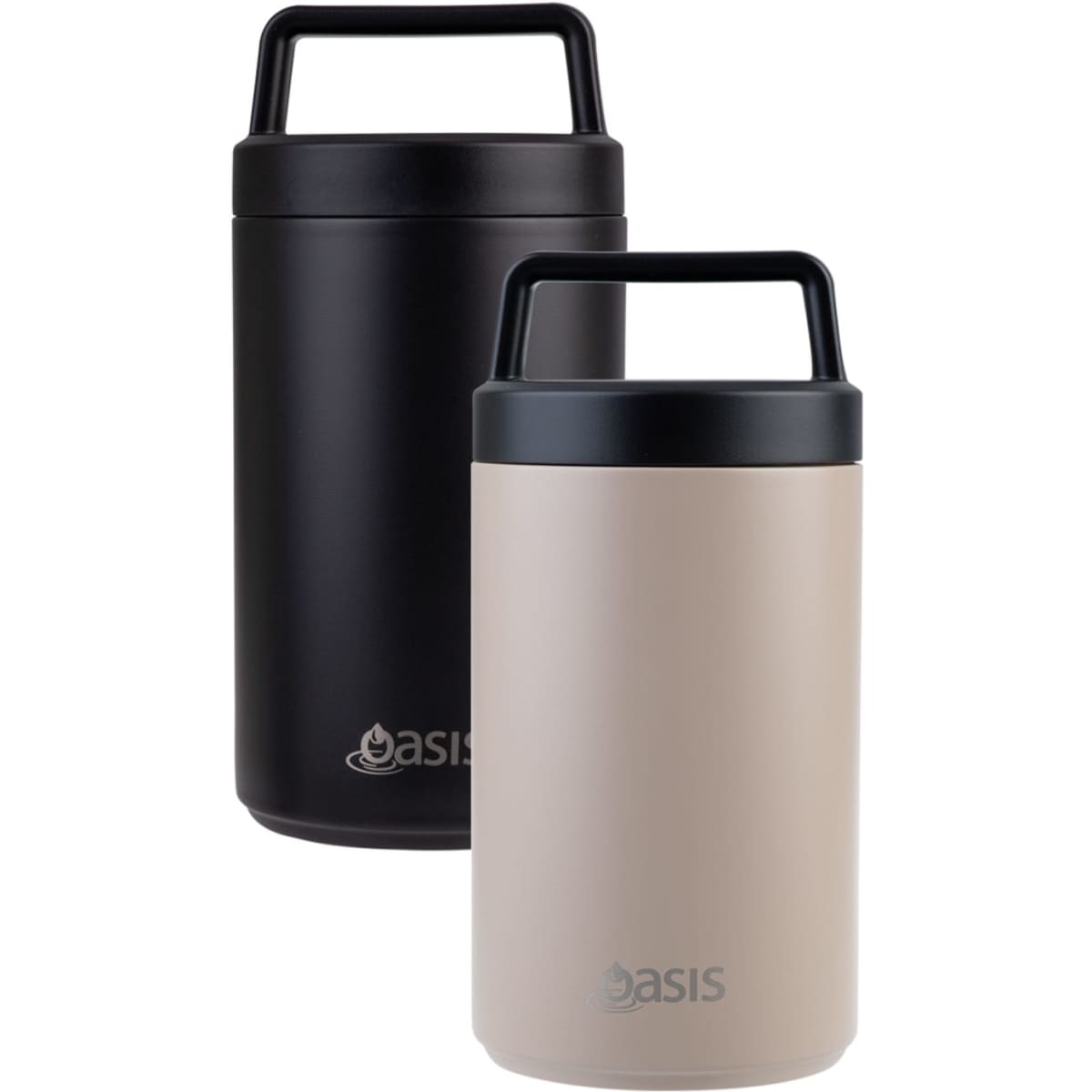 A drink bottle featuring a vacuum food flask in black and light beige, with a spoon and a handle. It has a logo.
