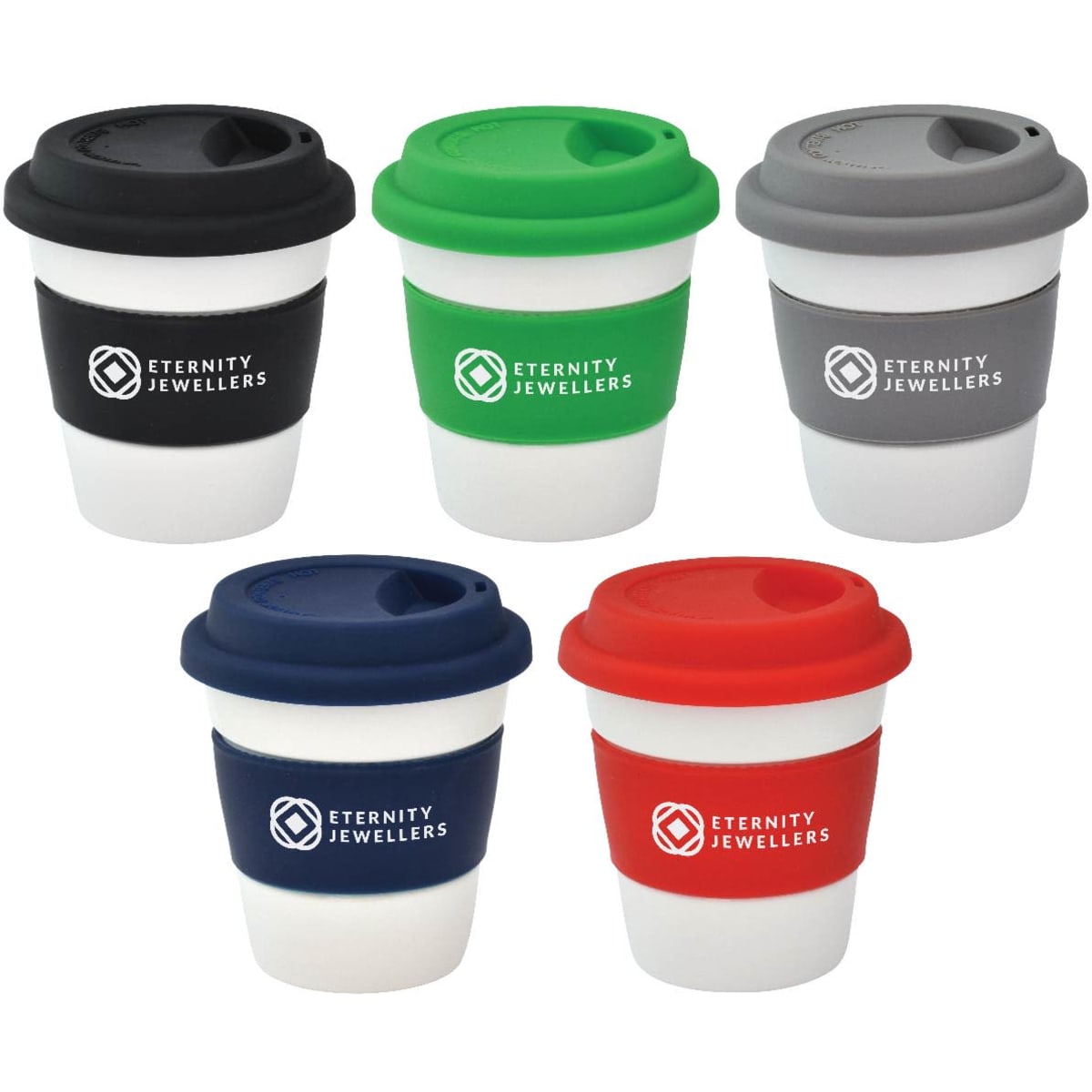 A set of five reusable ceramic mugs in navy, green, red, grey, and black, each with a matching silicone lid and branding.
