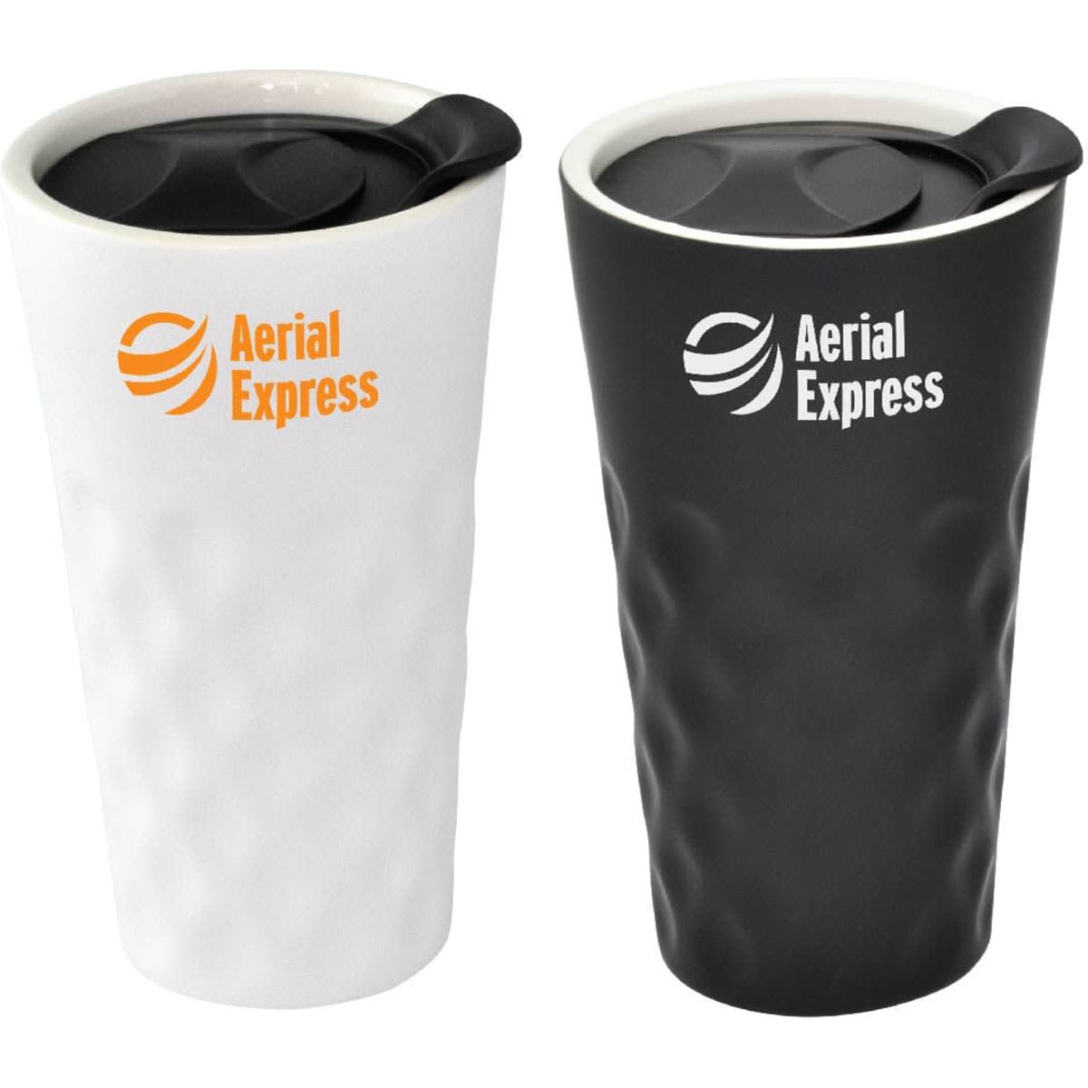 A set of two Supremo Ceramic Mugs, one in white and one in black, both featuring a logo and a black lid.