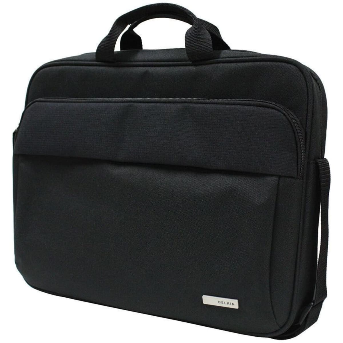 A black laptop bag with dual handles and a shoulder strap, featuring a front pocket and branding.
