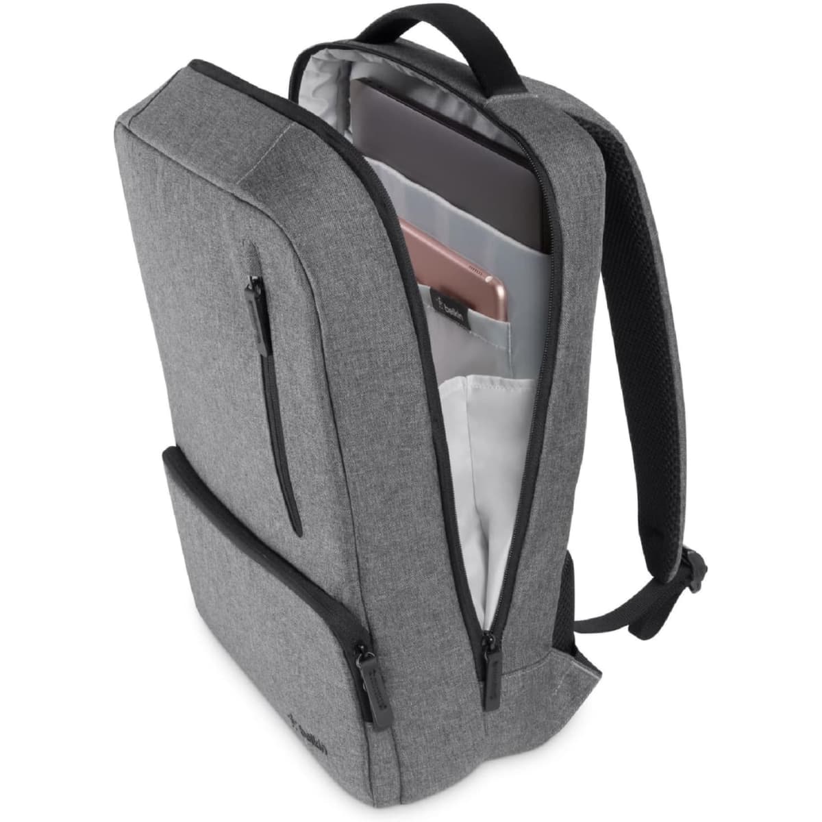 A grey backpack with a sleek design, featuring multiple compartments and a logo. Interior pockets hold devices.