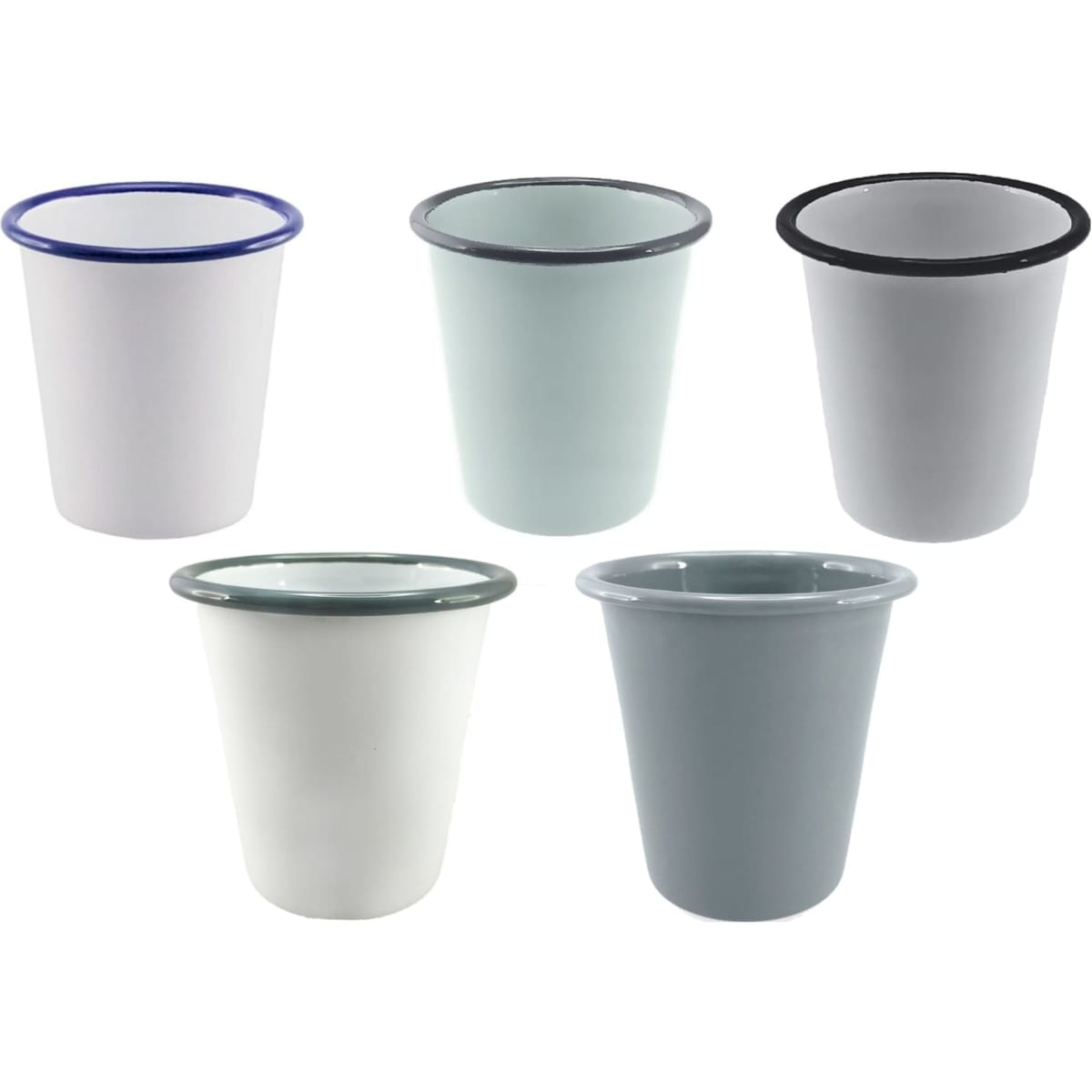 A collection of five enamel tumblers in white, light green, grey, and blue, each with contrasting rims and a logo.