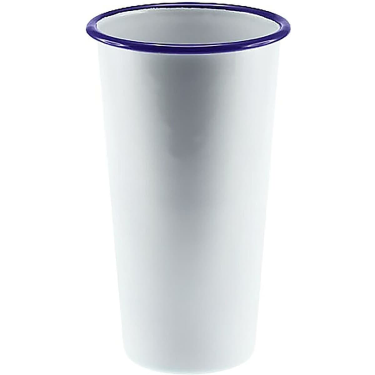 A white enamel tumbler with a blue rim, measuring 775ml and 10cm tall. Features a simple design.