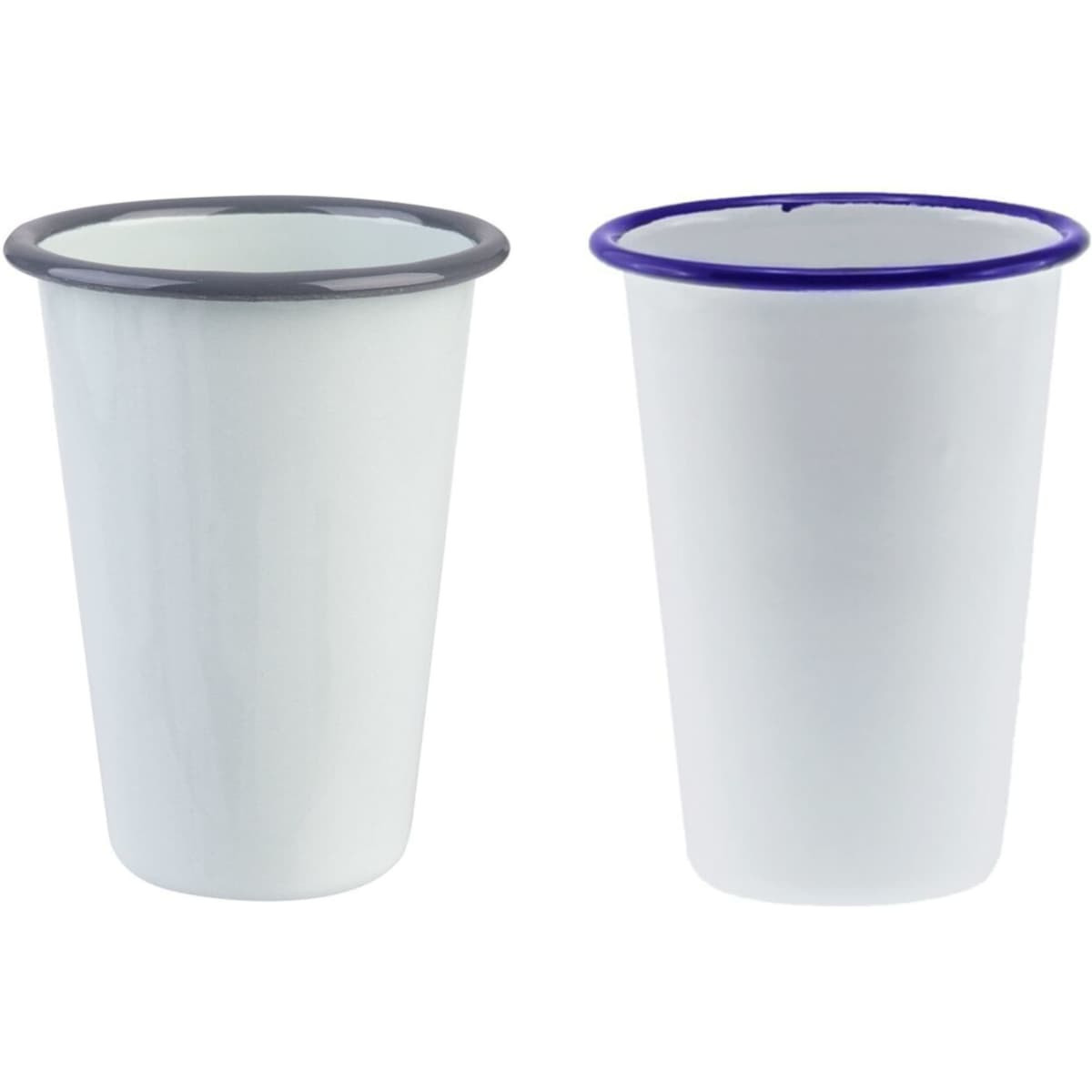 A drink tumbler featuring a white enamel finish with a black and blue rim. Two tumblers displayed side by side.