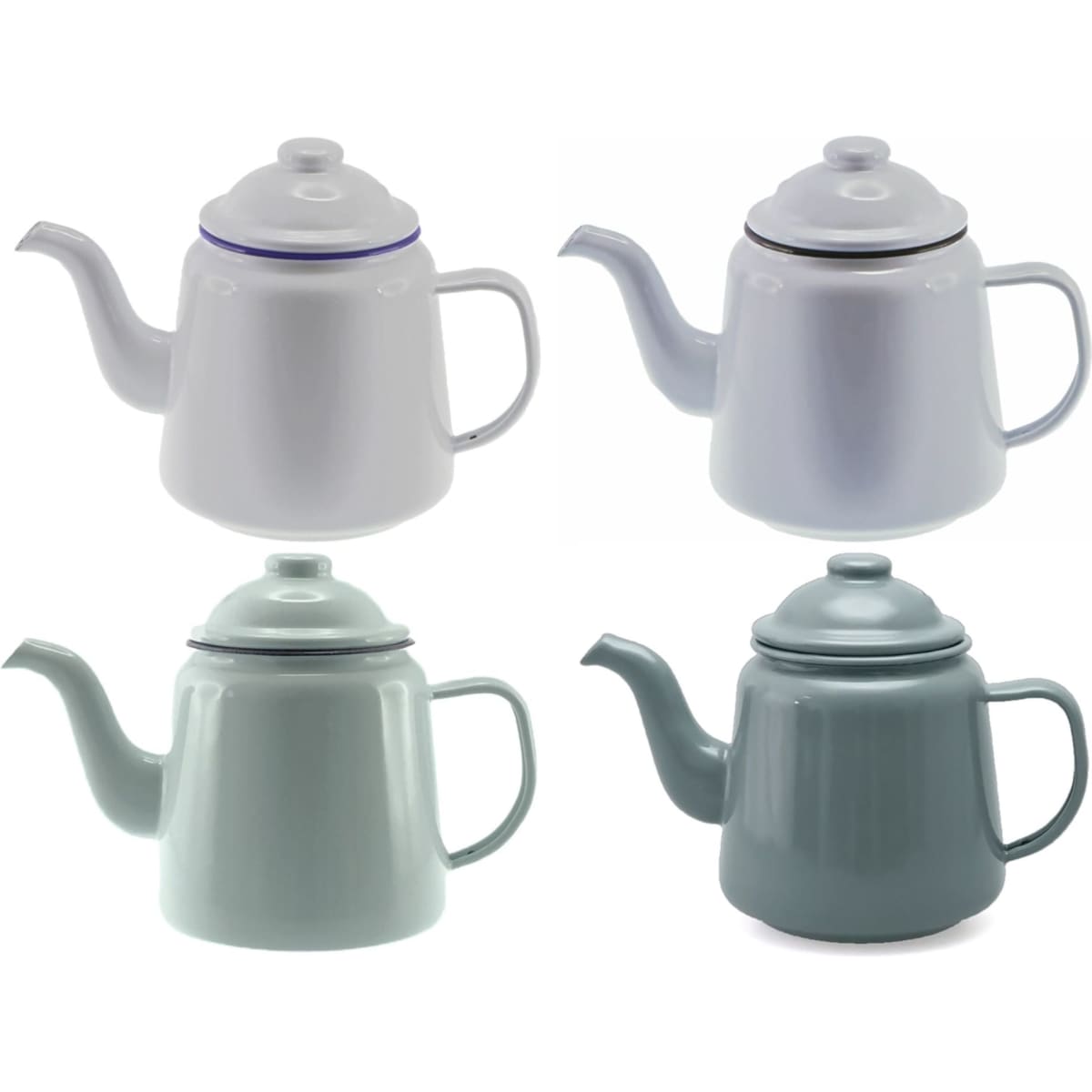 A teapot set featuring four enamel designs in white and shades of green, each with a distinct handle and spout.