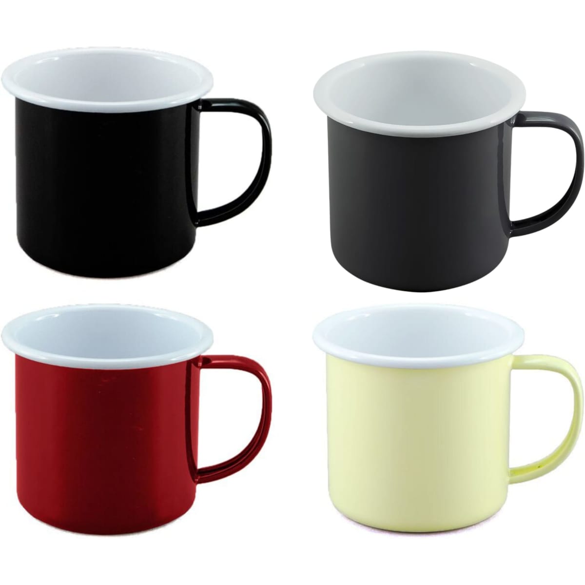 A set of four enamel mugs in black, red, yellow, and a two-tone black with white inside, each with a handle.