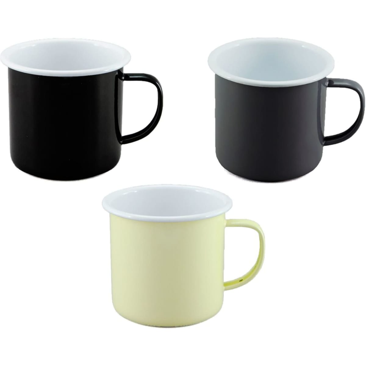 A set of three two-tone mugs in black, grey, and yellow, each with a contrasting white interior and handle.