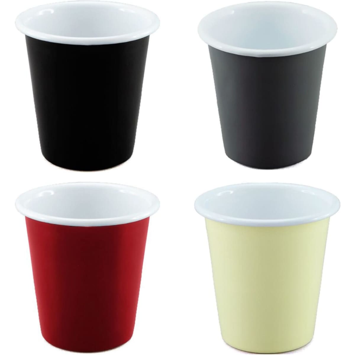 A collection of four Falcon Enamel 300ml tumblers in black, charcoal, red, and pale yellow with white inner linings.