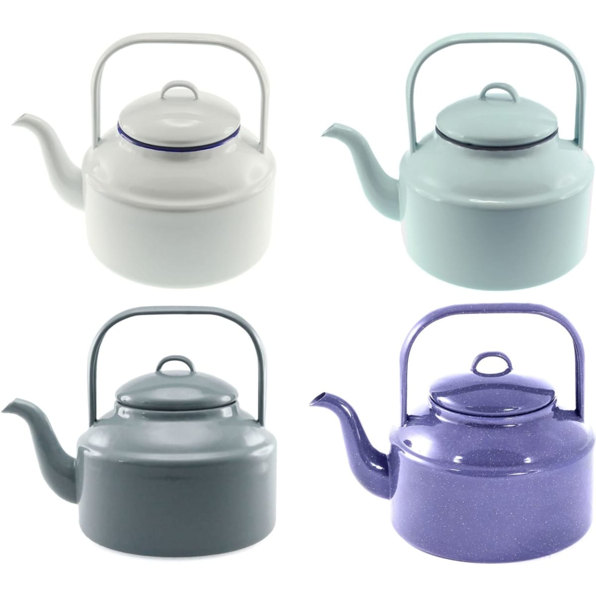 A collection of four tea kettles in white, pastel blue, dark grey, and purple with a classic design and handles.