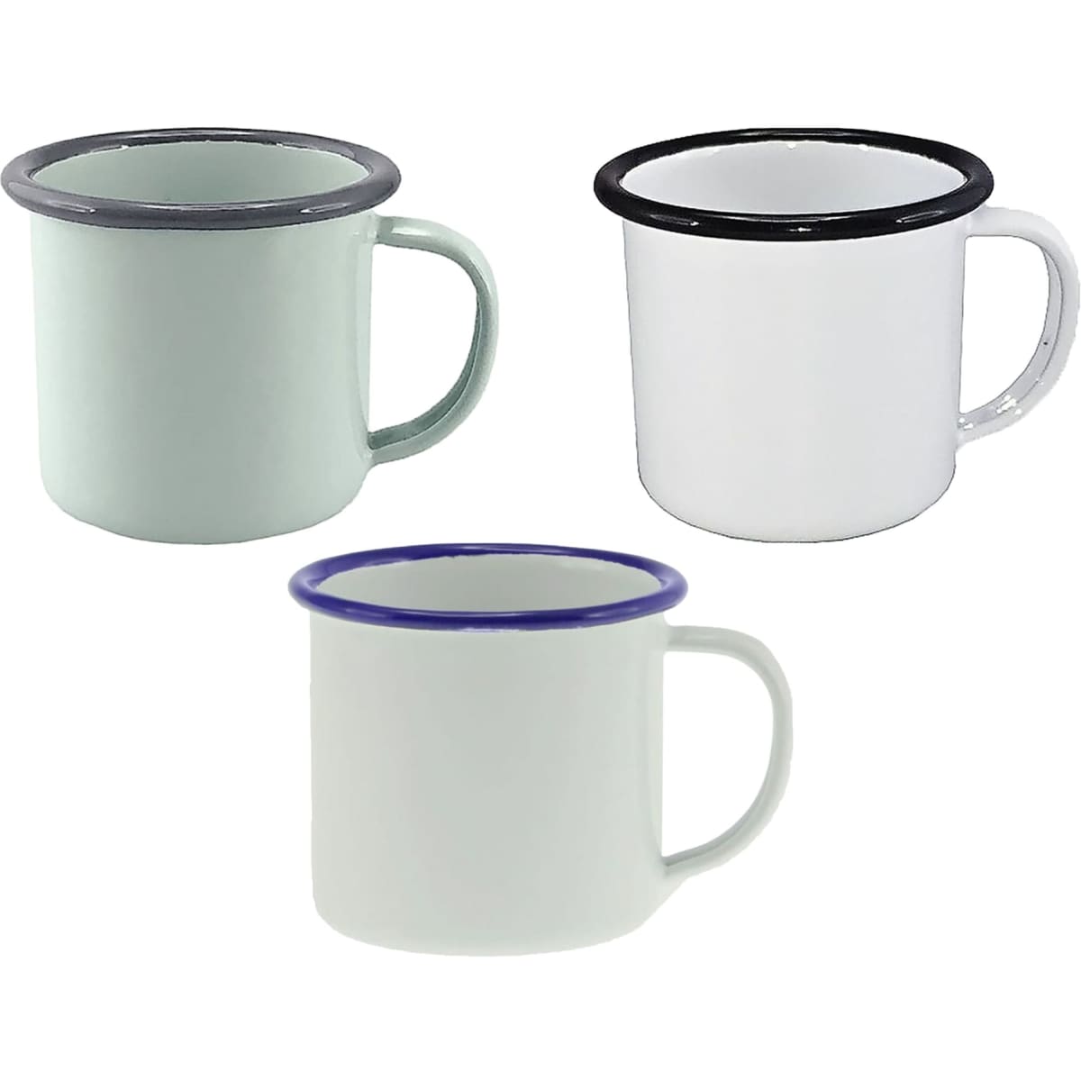 A set of three 125ml enamel espresso mugs in mint green, white, and light grey, each with a contrasting rim.