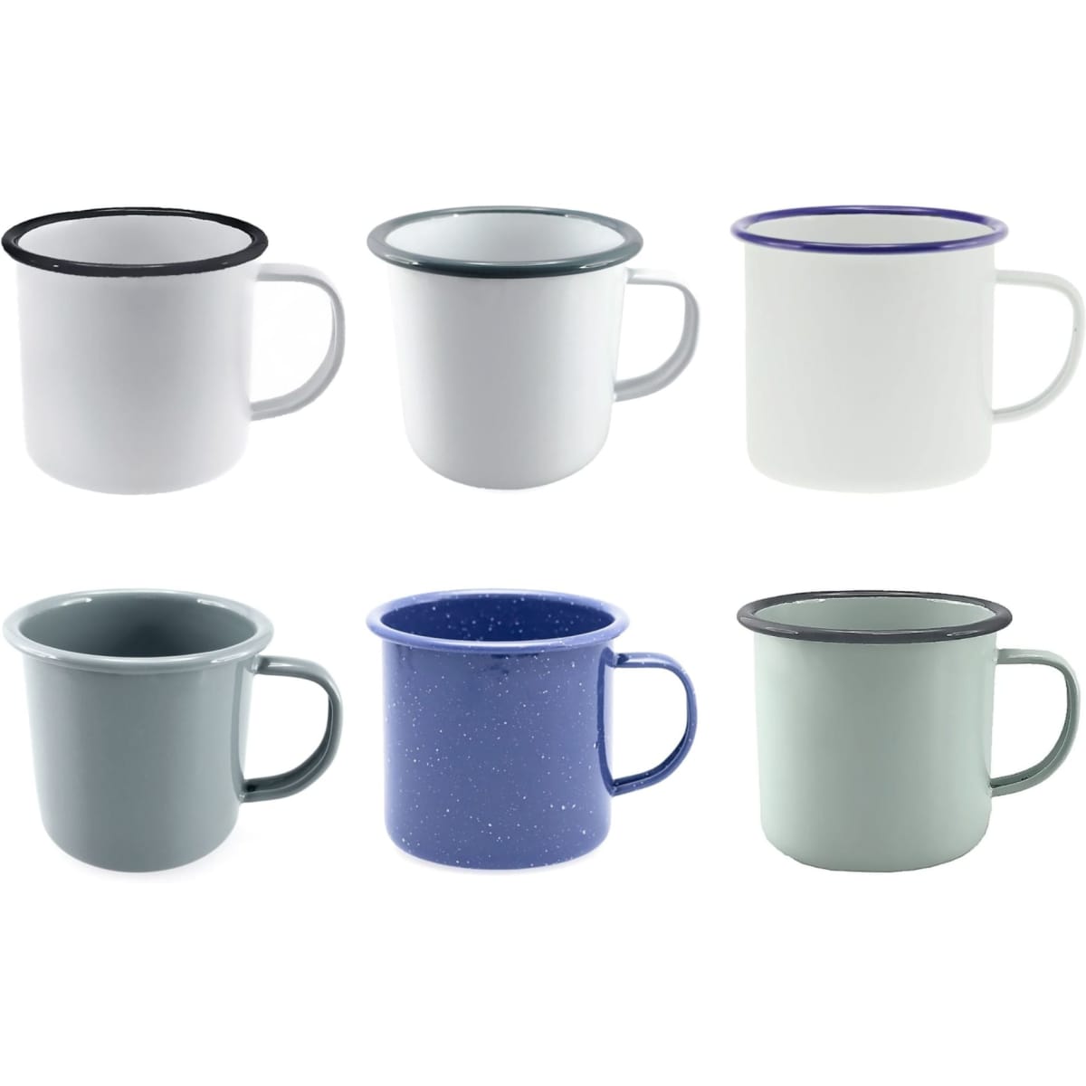 A set of six enamel mugs in various colours, including white, grey, blue, and green, each with contrasting rims.