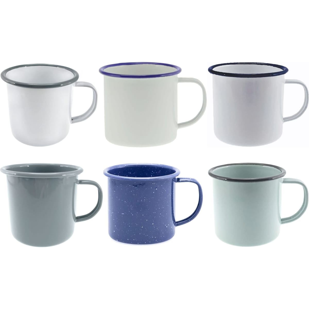 A set of six enamel mugs in various colours: white, grey, light blue, dark blue, and cream, featuring contrasting rims and handles.