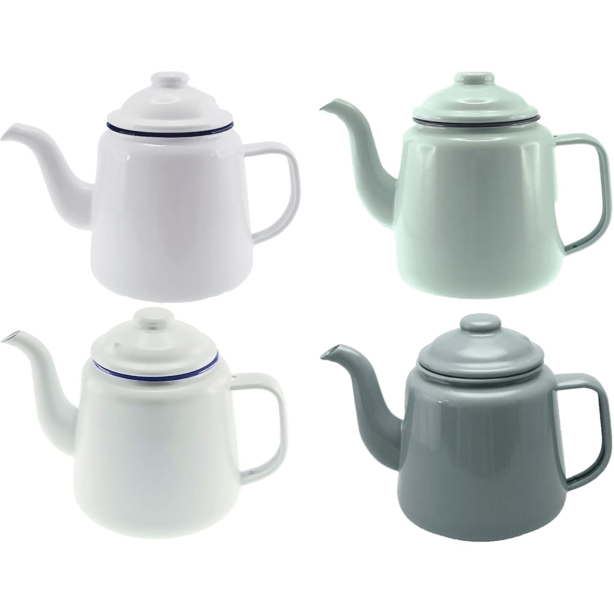 A set of four teapots in white, light green, and grey, featuring a classic design and handles. Each has a logo.