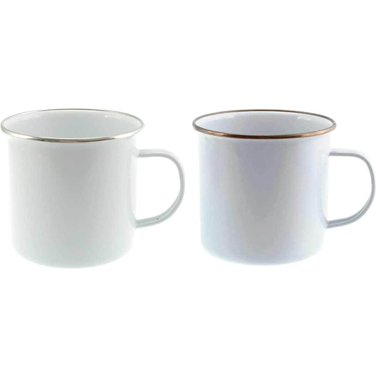 Two rimmed enamel mugs, one white and one light blue, both featuring a gold trim and a handle.