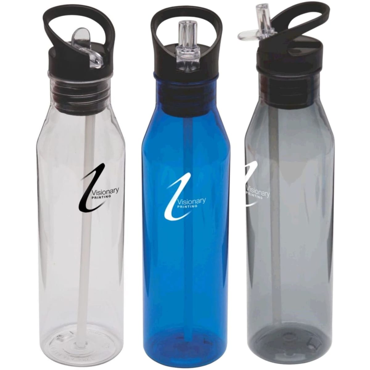 A drink bottle set featuring transparent, blue, and grey options with a black lid and straw, each having a logo.