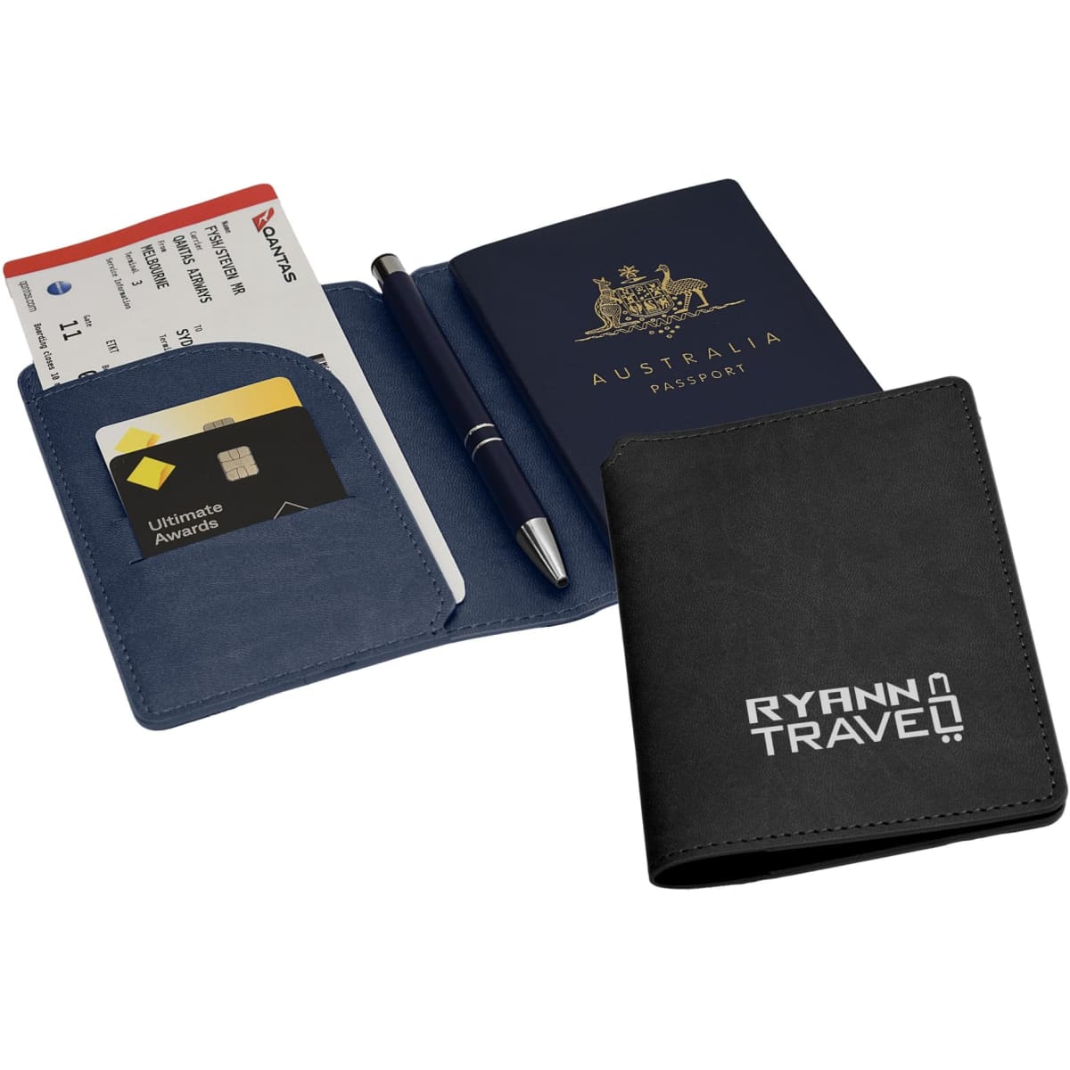A navy and black passport wallet featuring multiple card slots, a pen, and an Australian passport. It includes branding.