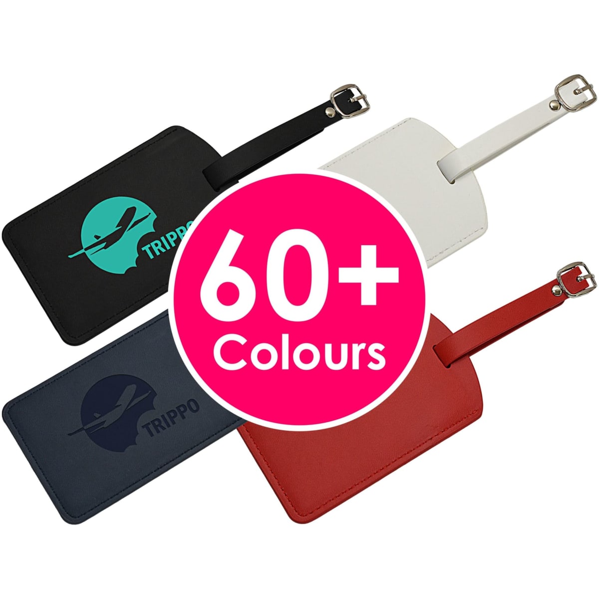 Three luggage tags featuring black, white, and red colours, each with a strap and a brand logo.