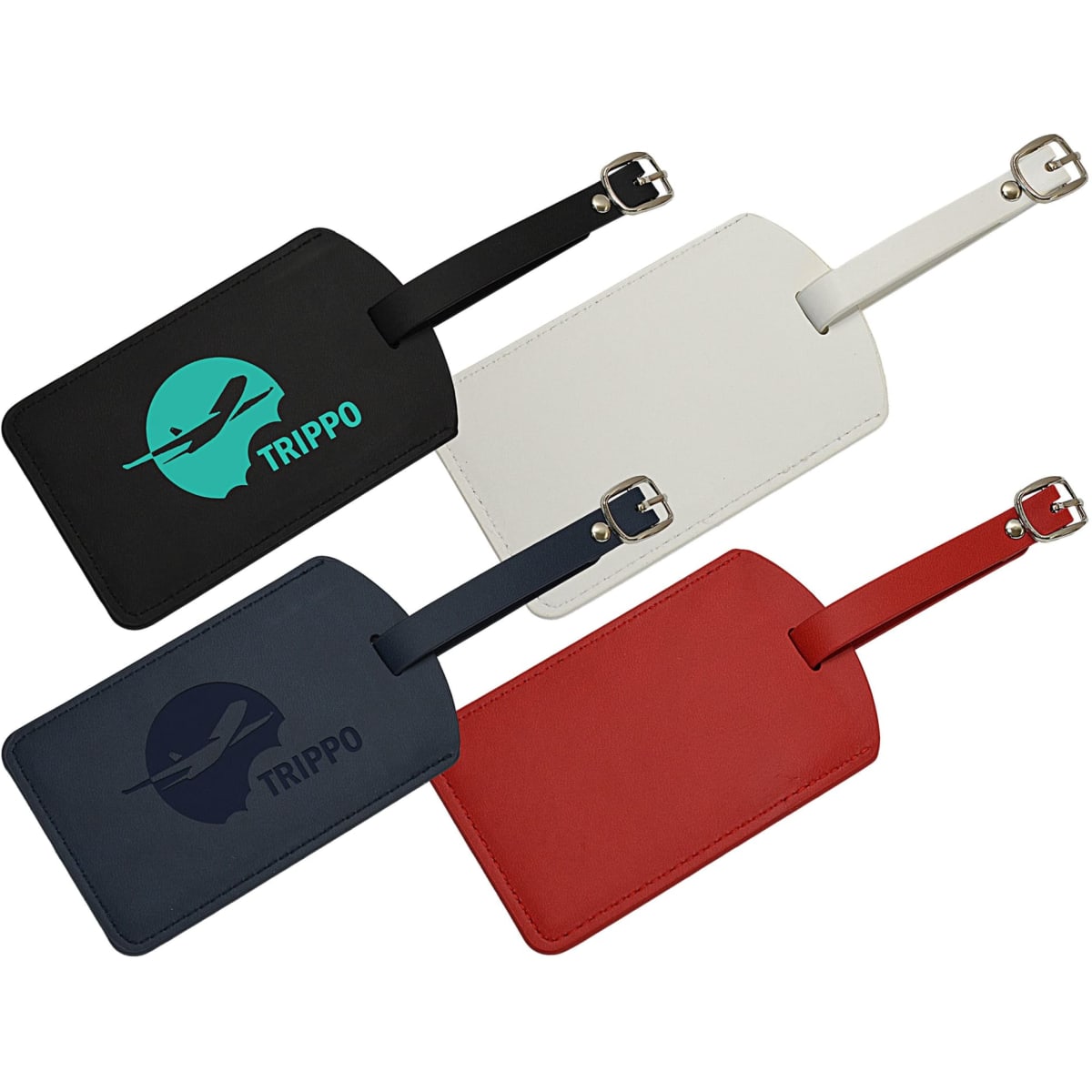 A set of three luggage tags in black, white, navy blue, and red, featuring a logo and adjustable straps.