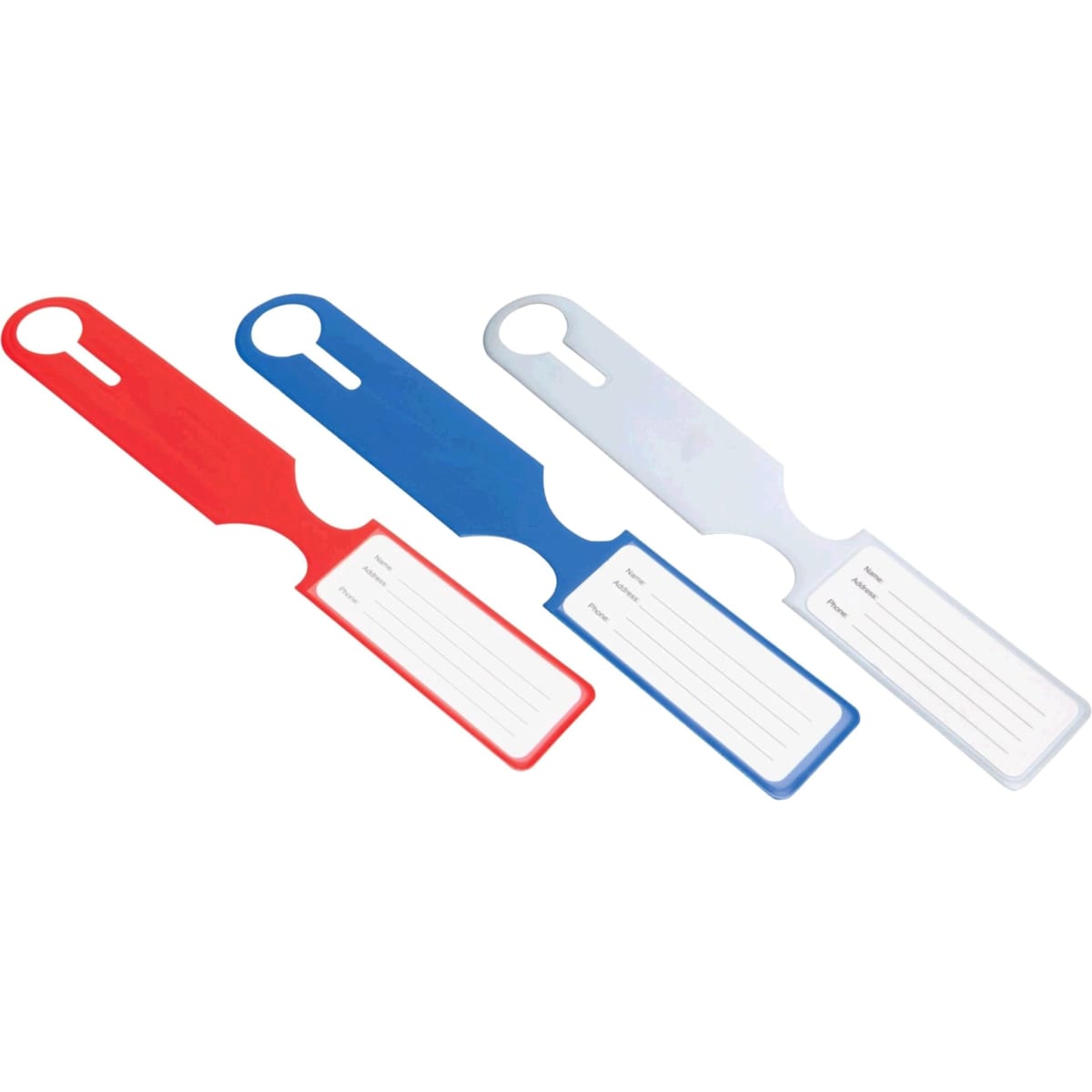 Three luggage tags in red, blue, and white, featuring a blank area for writing contact information. Each tag has a circular hole.