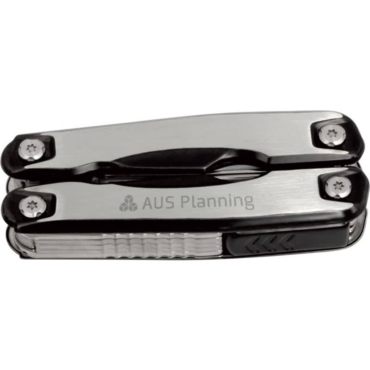 A stainless steel multi-tool featuring multiple functions, with a sleek design and a logo on the surface.