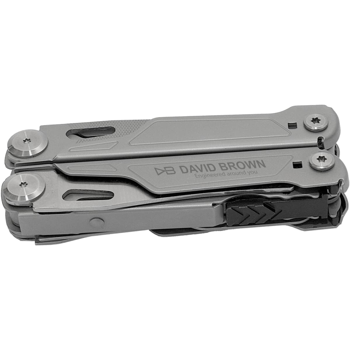A grey multi-tool with various attachments, featuring a logo on its side. Compact design for easy portability.