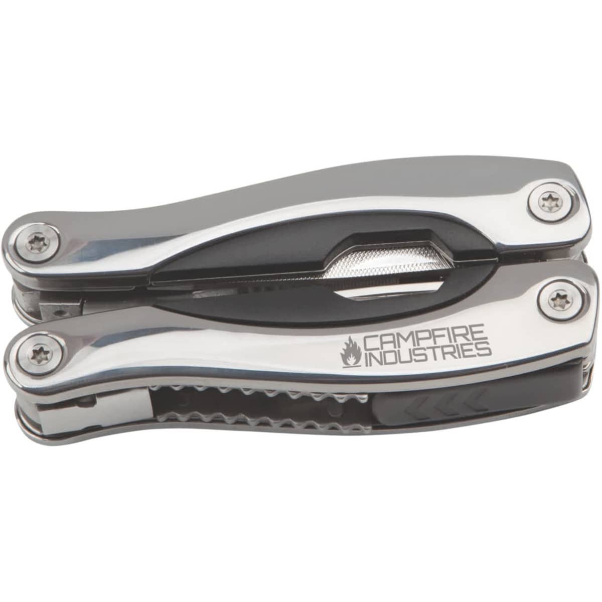 A stainless steel multi-tool with a sleek design, featuring a logo and various tools integrated into the body.