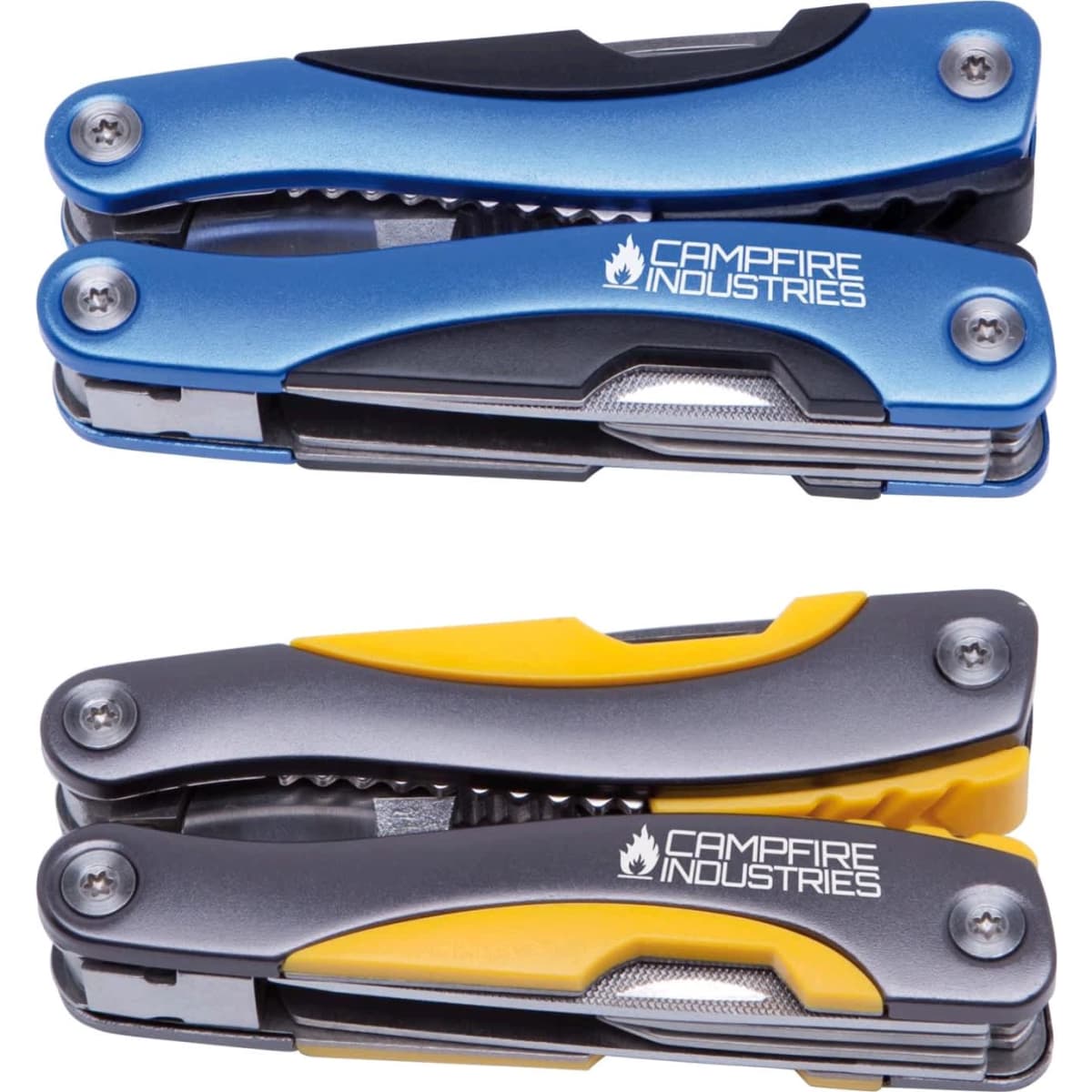 A multi-tool with blue and grey colour options, featuring various tools and a branding logo.