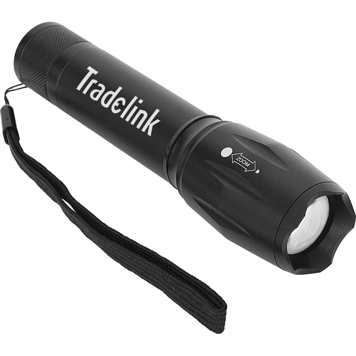A black torch with a textured grip and wrist strap, featuring a branding logo.