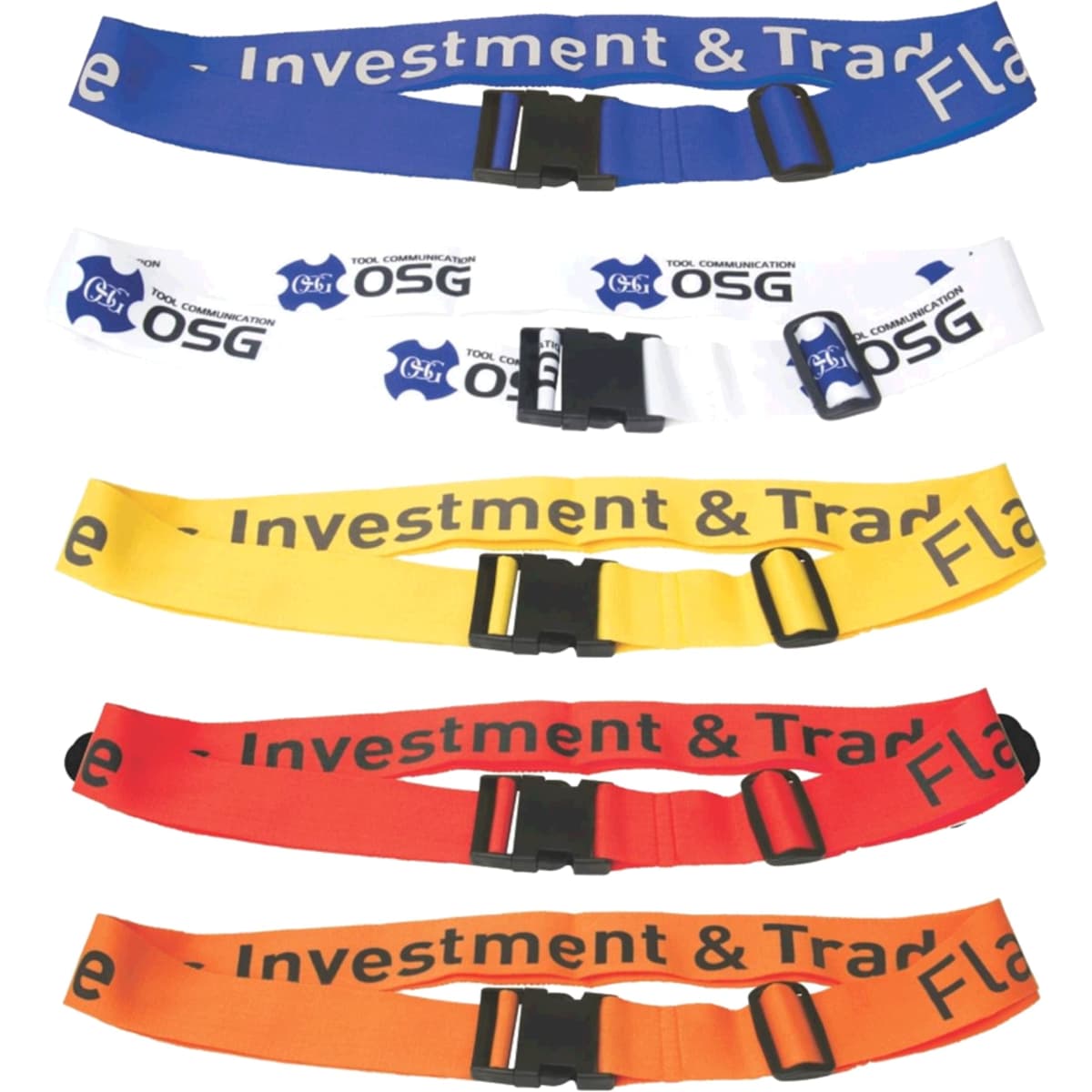 Multiple luggage straps in blue, white, yellow, orange, and red, each featuring black clips and a logo.