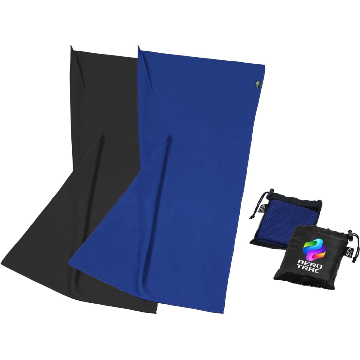 Two workout towels in black and blue, accompanied by a mesh pouch and a branded storage bag.