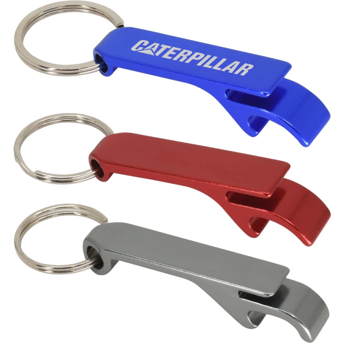 A drink bottle opener keyring set in blue, red, and grey, featuring a branding logo.