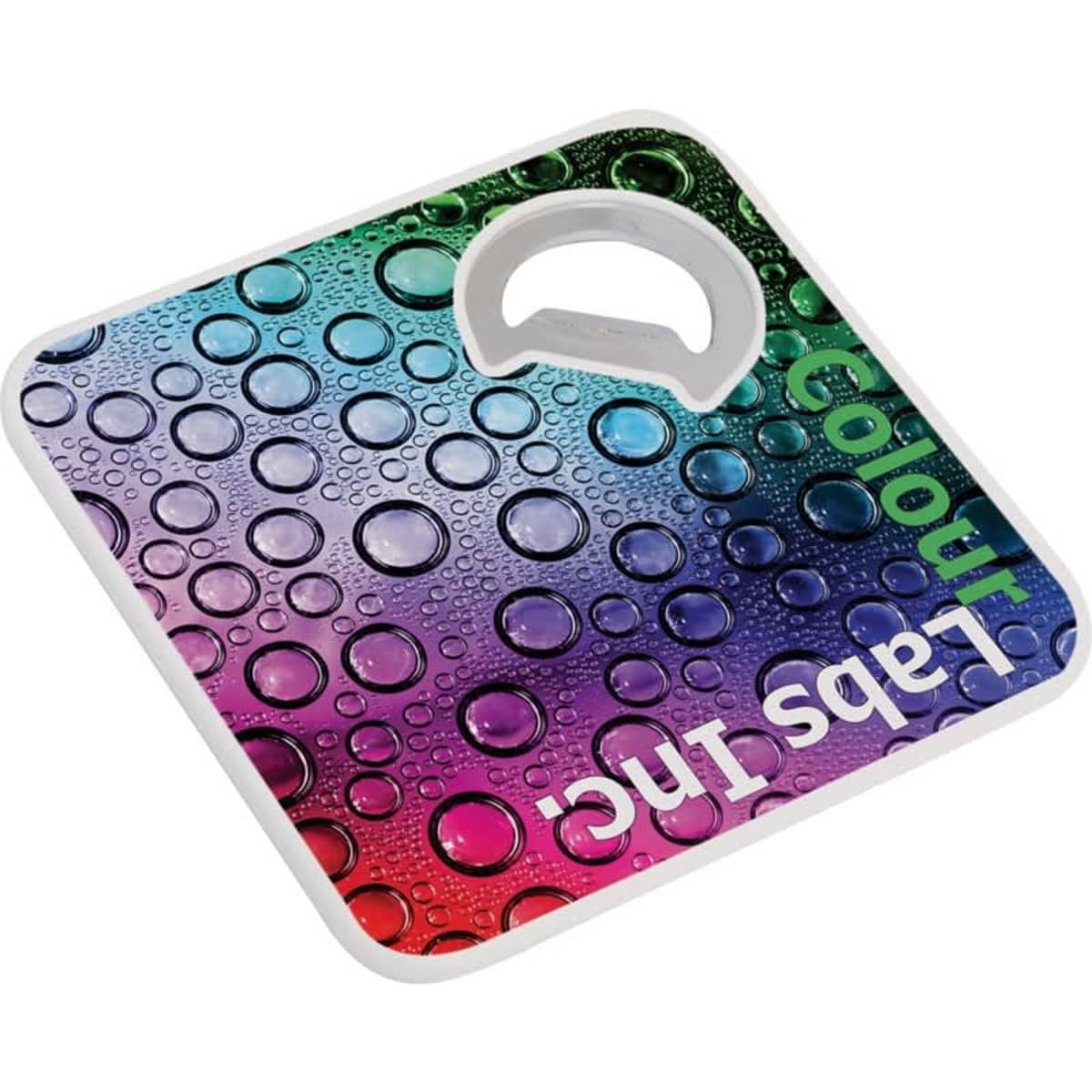 A drink bottle opener and coaster with a vibrant gradient of pink, purple, blue, and green, featuring a logo.
