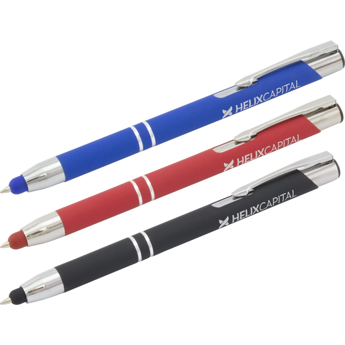 A set of three stylus pens in blue, red, and black, each featuring a shiny silver clip and branding.