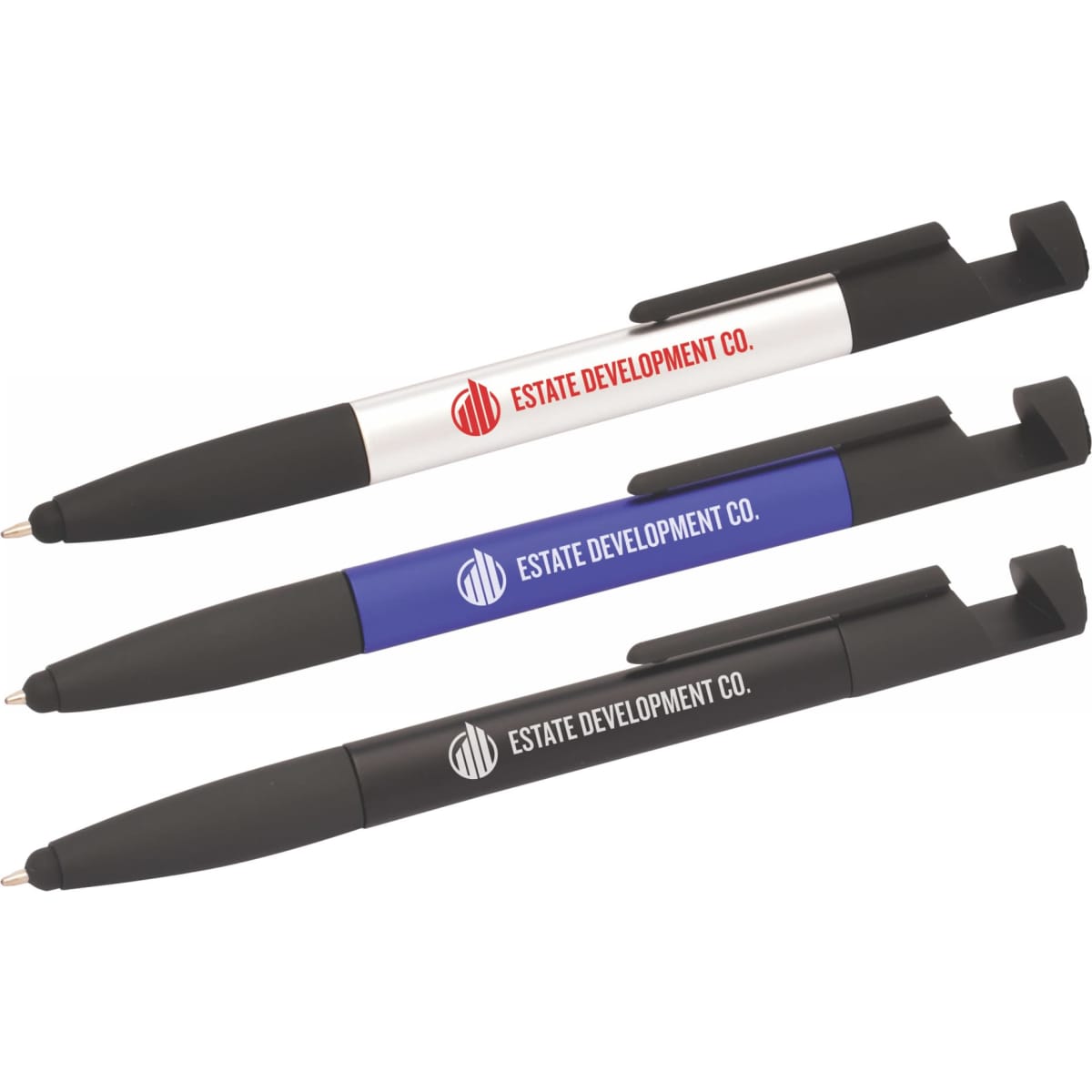 A 6-in-1 multi pen set featuring a silver, blue, and black pen, each with a logo on the barrel.