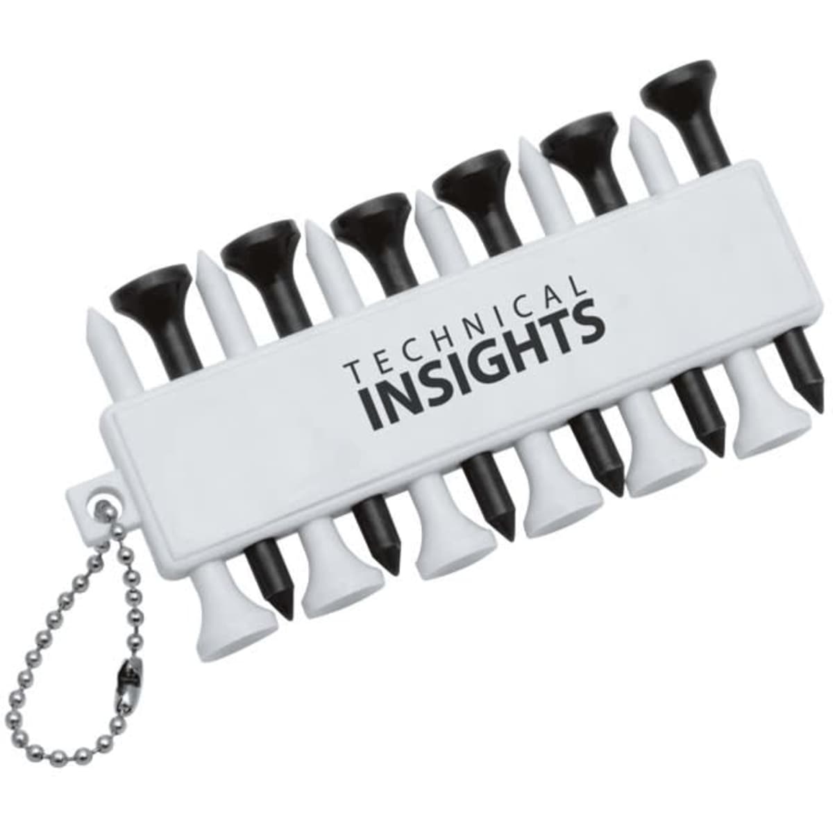A white golf tee holder with black and white tees attached, featuring a branding logo.