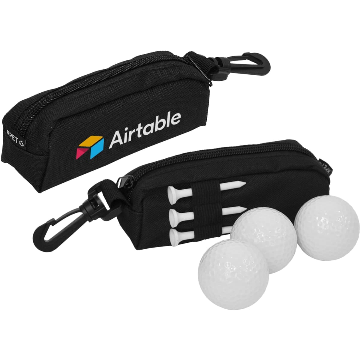 A black pouch with a logo, containing three golf balls and three white tees.