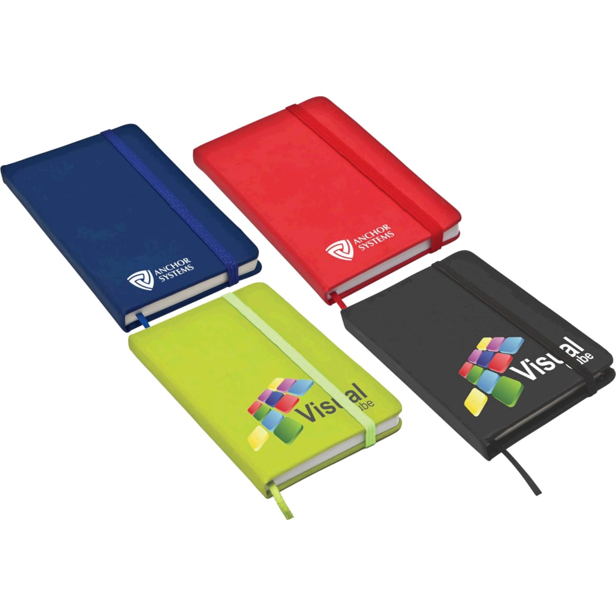 Four notebooks in blue, red, green, and black, featuring logos and elastic closures. The green notebook is prominently displayed.