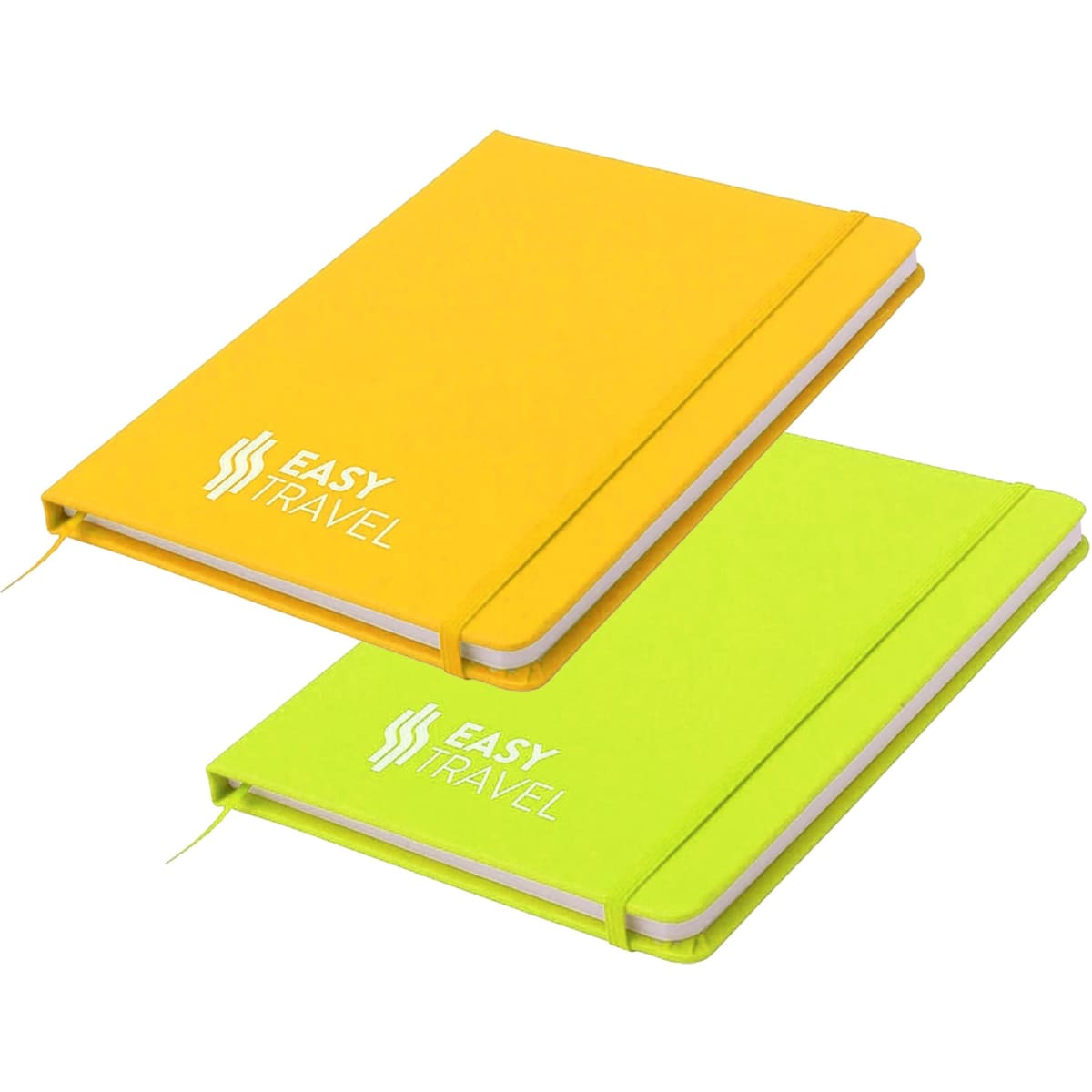 A yellow and a green notepad with a logo on the covers, featuring a smooth finish and an elastic band.