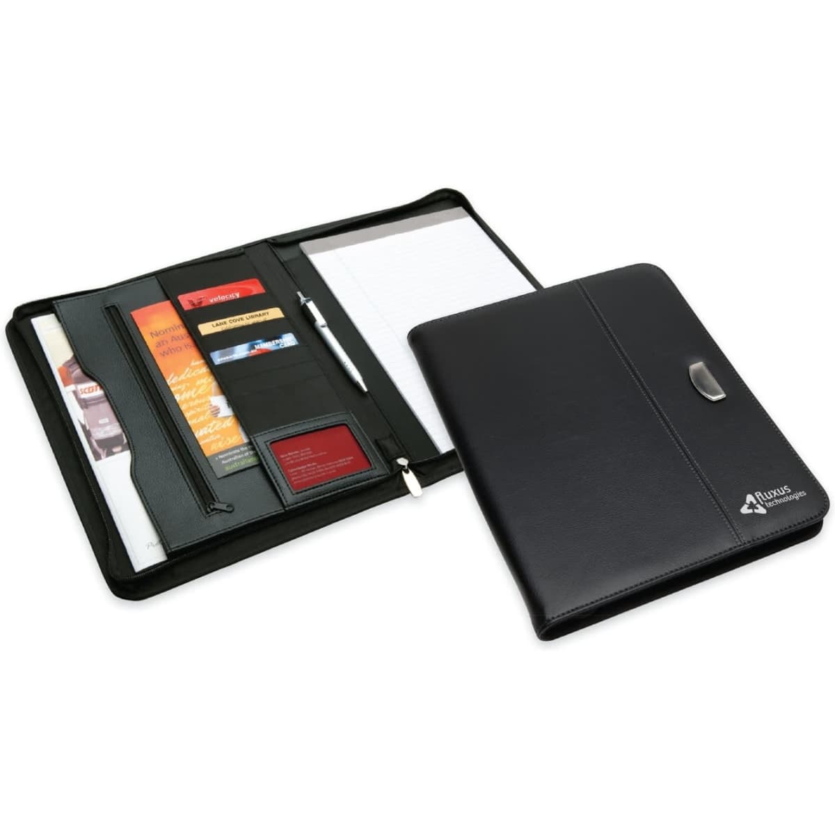 A black zip portfolio featuring card slots, a notepad, a pen holder, and a branded logo.