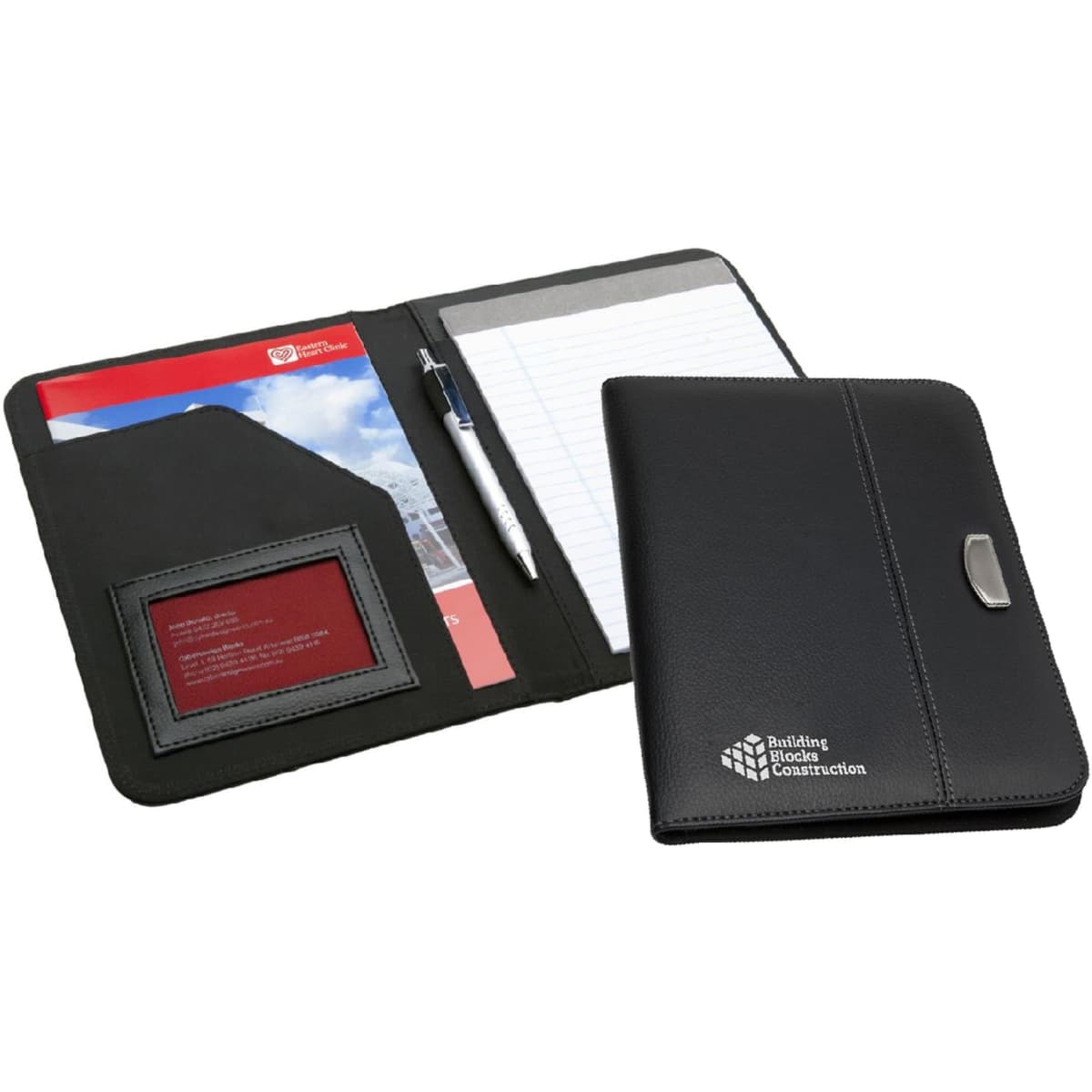 A black Meridian A5 portfolio with a pen, notepad, and cardholder displayed inside. Features a logo on the front.