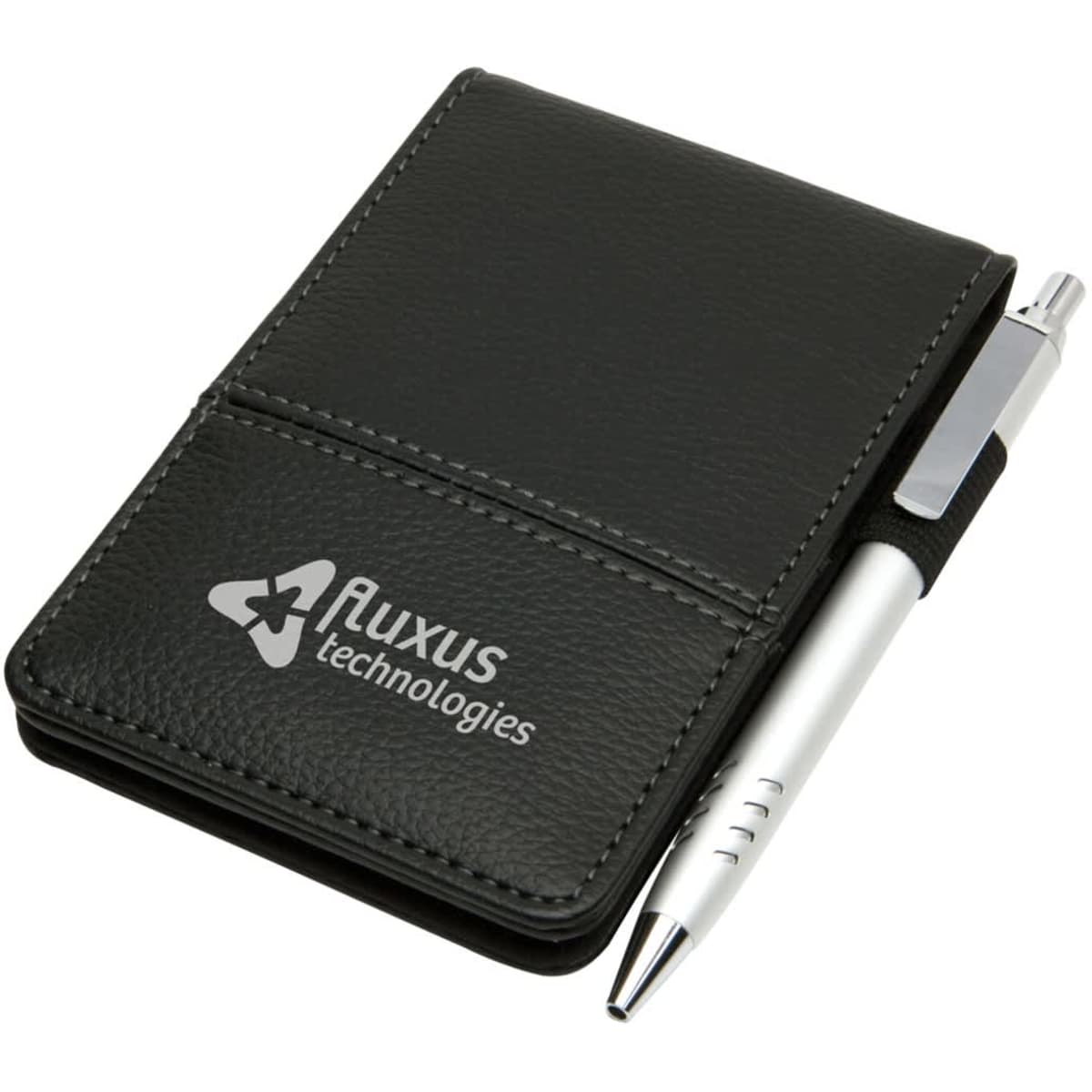 A black notepad with a silver pen secured on the side. The notepad features a logo.