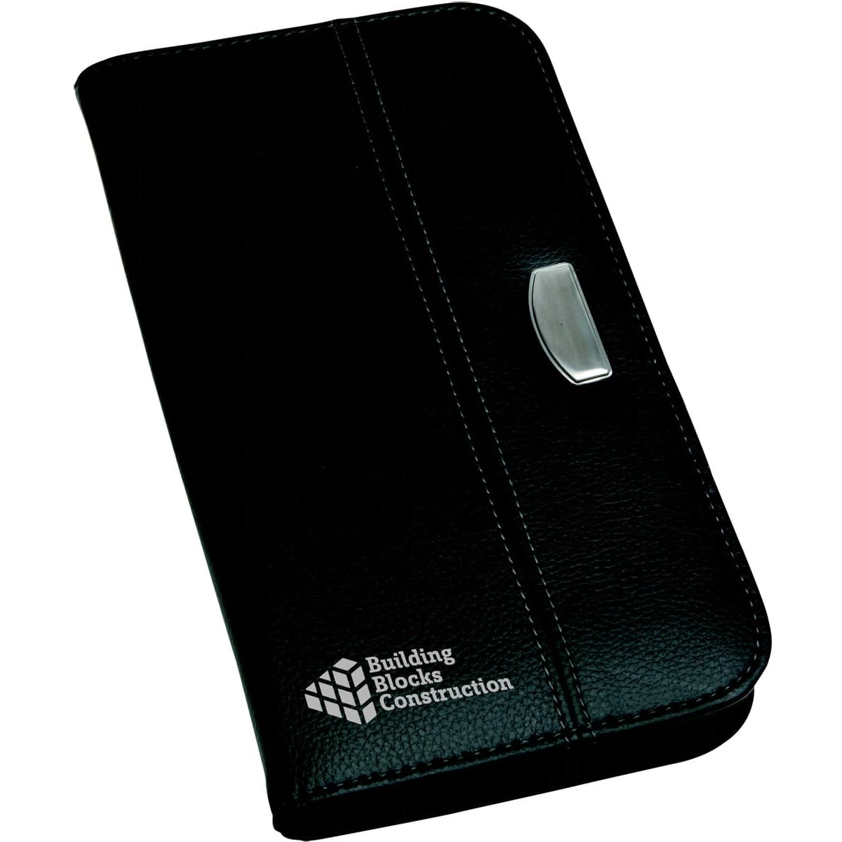 A black travel wallet with a silver accent and a logo, designed for storing travel documents and cards.
