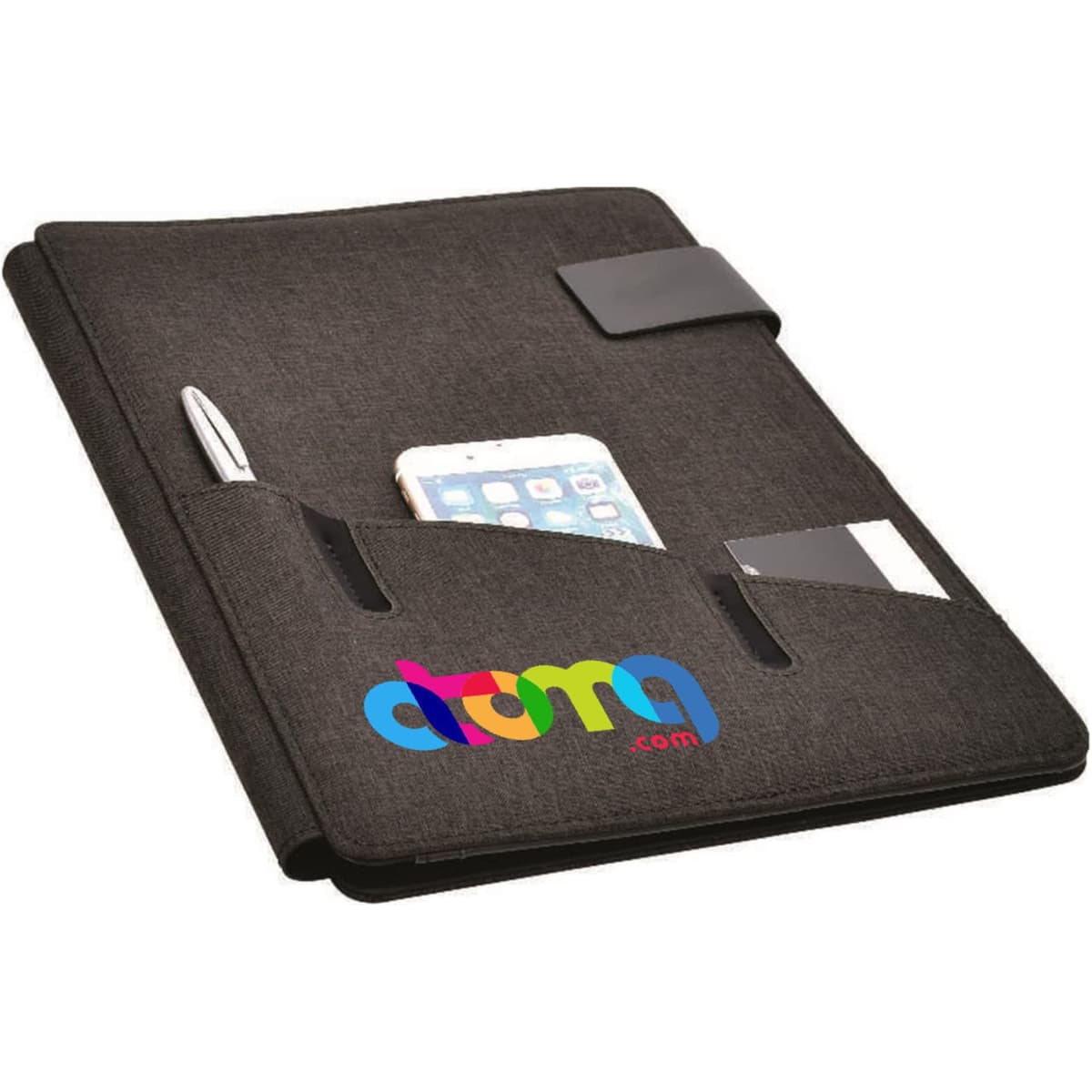 A black hands-free A4 portfolio featuring pockets for a pen, phone, and card. It has a logo on the front.