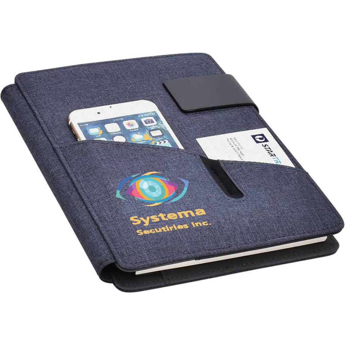 A navy hands-free A5 portfolio featuring a phone holder and a pocket for business cards, with a logo on the front.