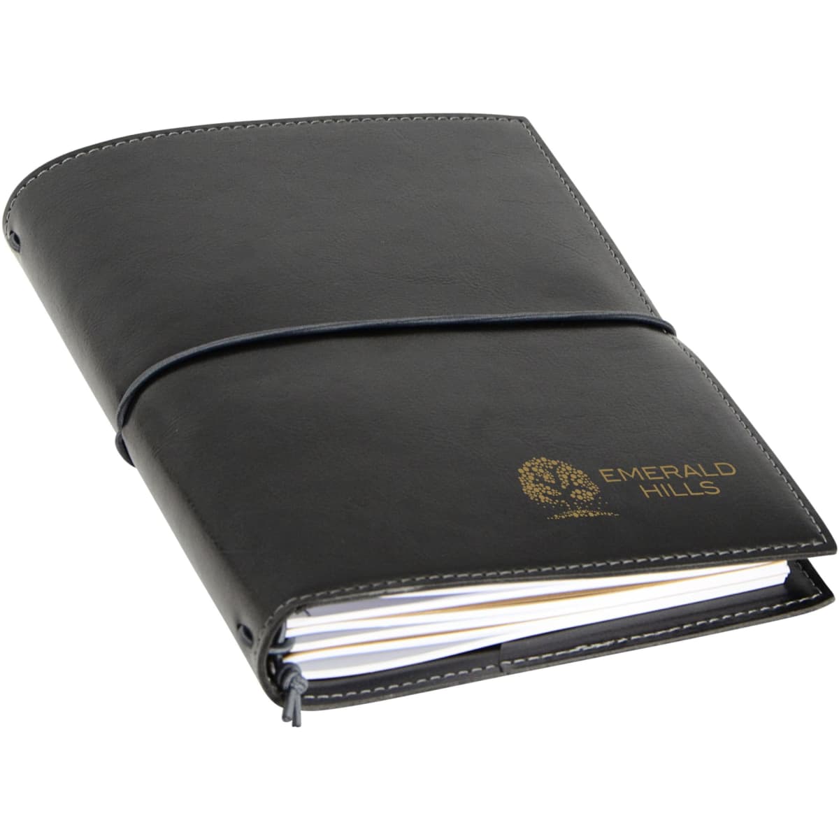 A black A5 journal with a smooth cover and a logo, featuring elastic closure and lined pages inside.