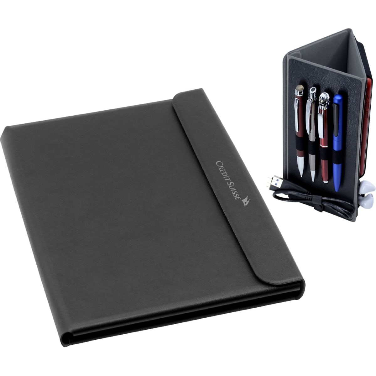 A black A4 portfolio includes pens, a USB, and earphones, featuring a logo on the cover.